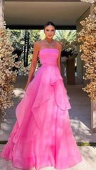 Simple A Line Tulle Ruffle Pink Prom Dresses Strapless Modest Formal Evening Dresses - MyChicDress