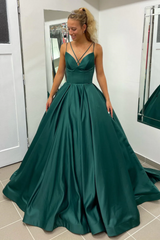 Simple Emerald Green Satin Prom Dresses A Line Double Straps MyChicDress