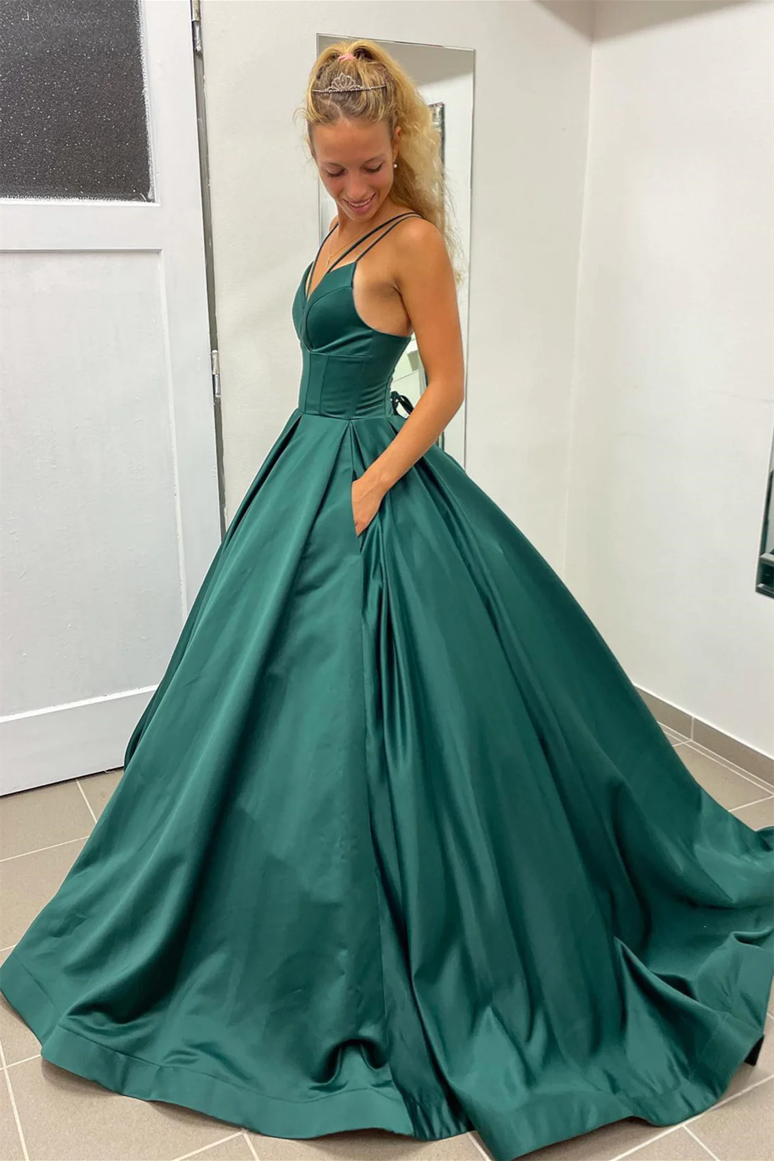 Simple Emerald Green Satin Prom Dresses A Line Double Straps MyChicDress