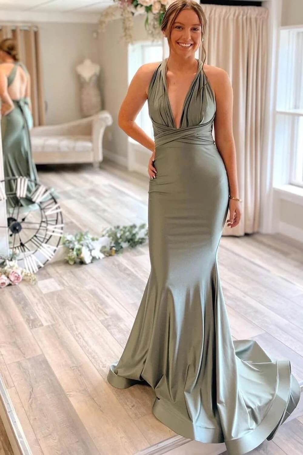 Simple Gray Green Wedding Guest Dress Mermaid Satin Bridesmaid Dresses Long MyChicDress