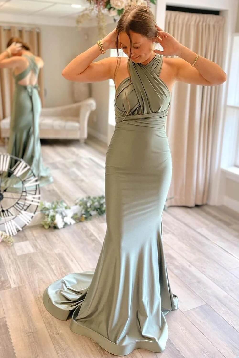 Simple Gray Green Wedding Guest Dress Mermaid Satin Bridesmaid Dresses Long MyChicDress