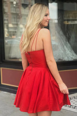 Simple Red Homecoming Dress Plus Size Double Spaghetti Straps Satin Hoco Dress MyChicDress