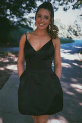 Simple Satin Black Short Homecoming Dress A Line Hoco Dress MyChicDress