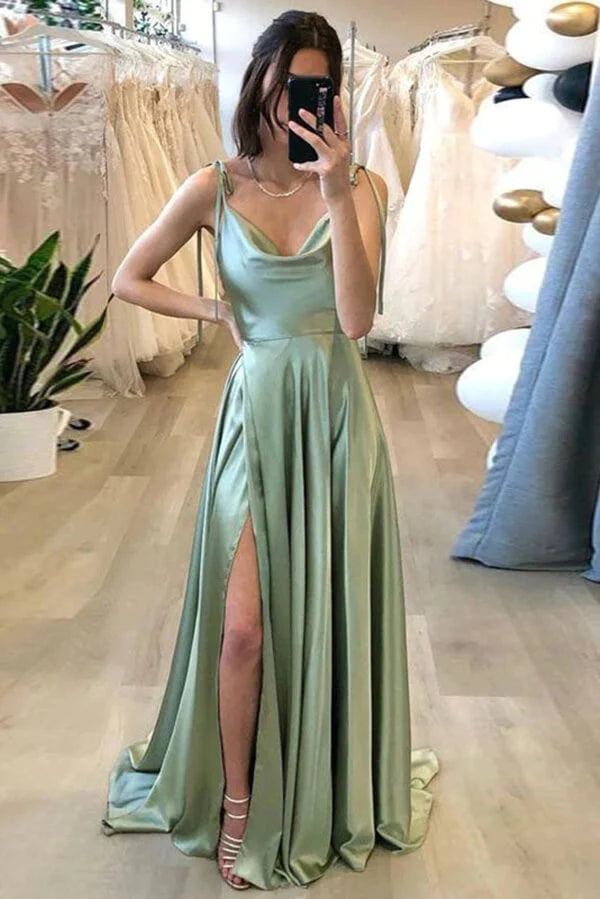 Simple Silk Satin Sage Wedding Guest Dress A Line Long Summer Maxi Dress MyChicDress