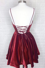 Simple Burgundy Velvet Winter Formal Dress Short V Neck Homecoming Dress