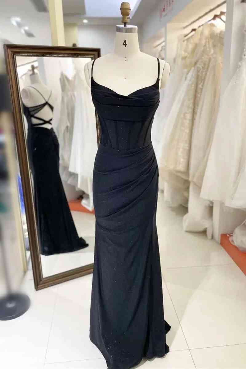 Simple Long Black Satin Prom Dresses Pleated Spaghetti Straps - MyChicDress