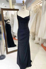 Simple Long Black Satin Prom Dresses Pleated Spaghetti Straps