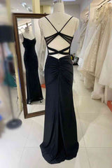 Simple Long Black Satin Prom Dresses Pleated Spaghetti Straps