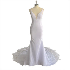 Simple Long Satin Lace Beach Wedding Dress Deep V Neck Sleeveless