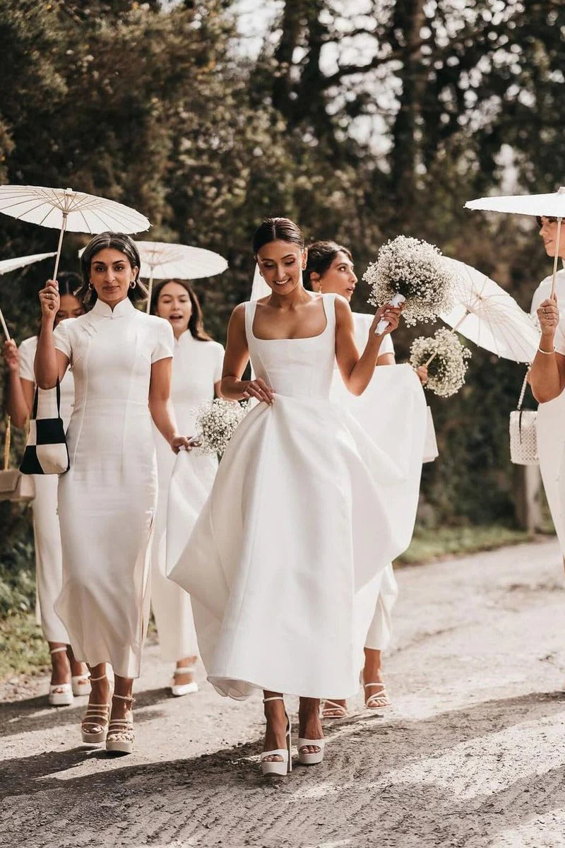 Simple Long White Satin Wedding Dresses A-Line Square Neck