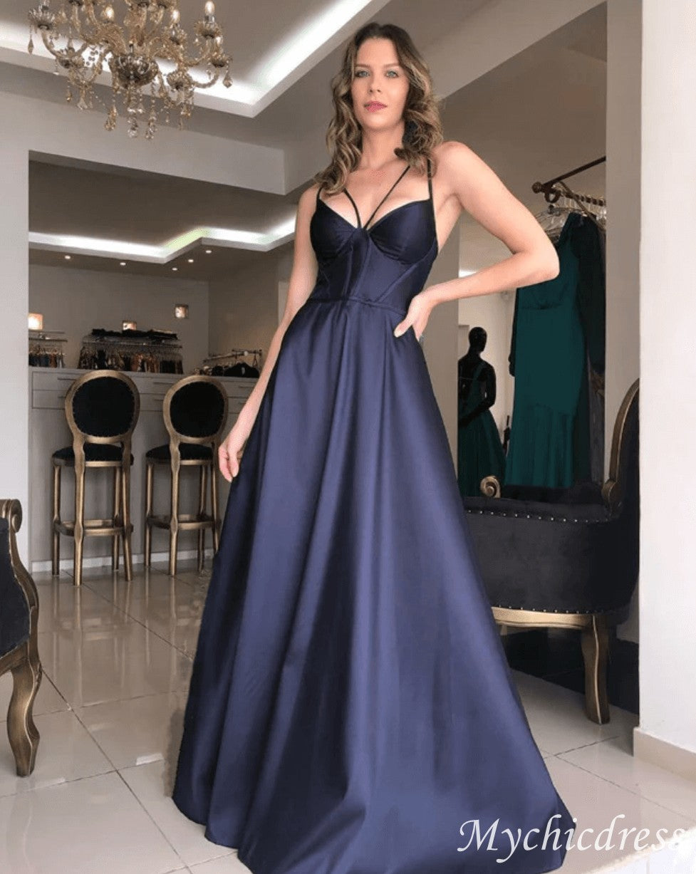 Simple Navy Blue Prom Dresses Satin A Line Evening Dresses Sleeveless - MyChicDress