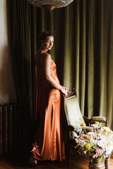 Simple Orange Wedding Guest Dresses Spaghetti Straps Satin Bridesmaid Dress