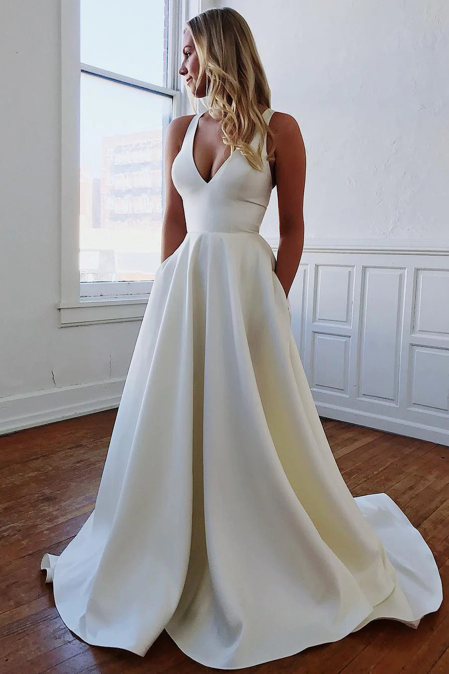 Simple Satin Minimalist Wedding Dresses V Neck Sleeveless with Pockets Bow - MyChicDress