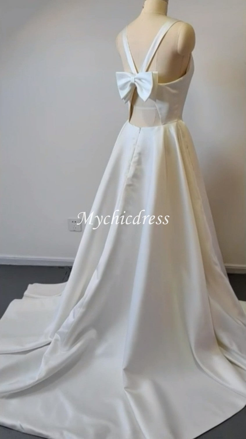 Simple Satin Minimalist Wedding Dresses V Neck Sleeveless with Pockets Bow - MyChicDress