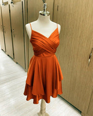 Simple Satin Short Homecoming Dress Burnt Orange V-neck Semi Formal Dress