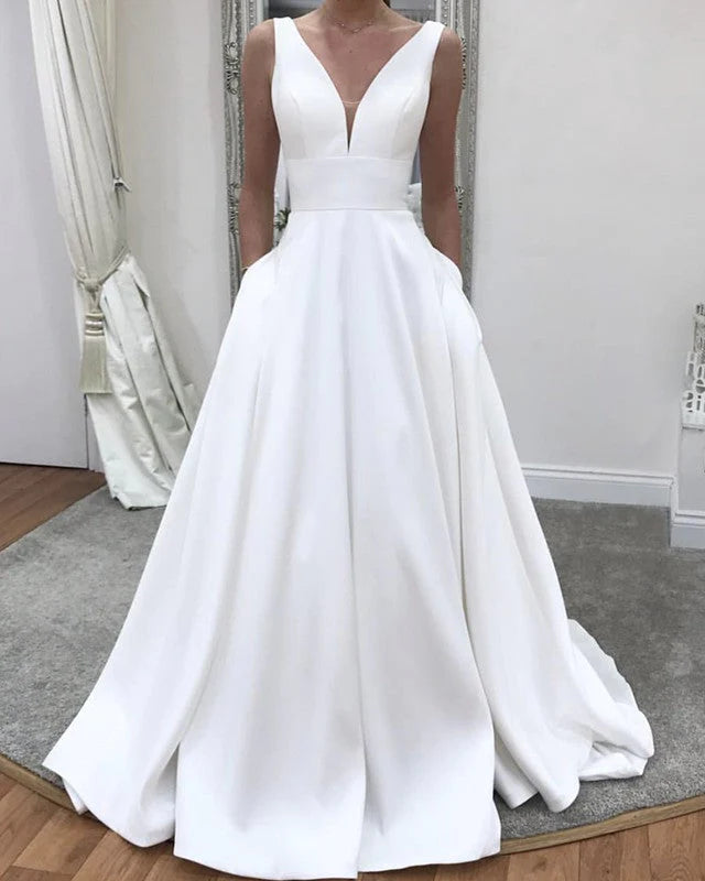 Simple Satin Minimalist Wedding Dress A Line V neck Sleeveless with Pockets - MyChicDress