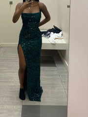 Simple Spaghetti Straps Dark Green Sequin Prom Dresses Mermaid