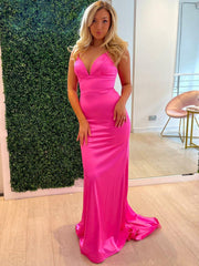 Simple V Neck Mermaid Hot Pink Formal Dresses for Wedding Guests