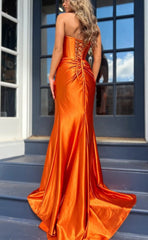 Hot Strapless Orange Prom Dress Ruched Mermaid Long Gown with Slit