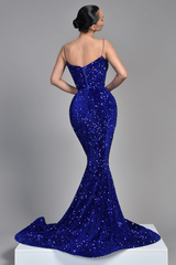 Vestidos de baile de lantejoulas azul royal com alça espaguete vestido de noite no Reino Unido