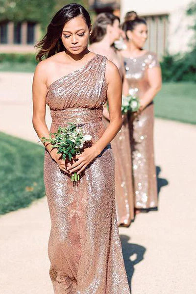 Sparkly One shoulder Long Sequins Bridesmaid Dresses Rose Gold Wedding Guest Dress - MyChicDress