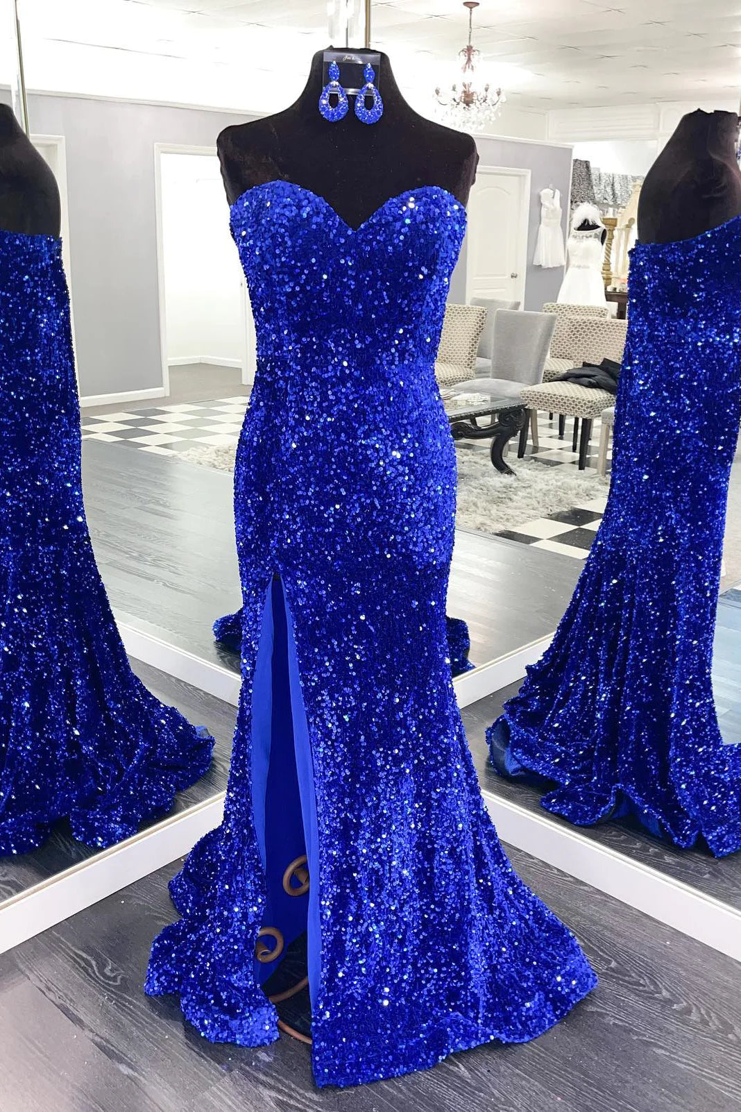 Sparkly Plus Size Sequins Royal Blue Prom Dresses Mermaid Long Dress with Slit MyChicDress