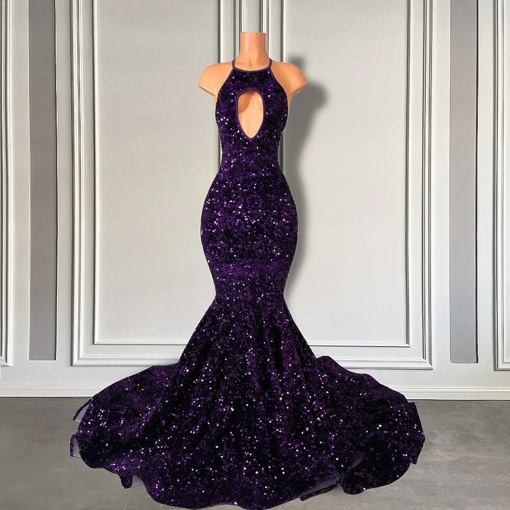 Sparkly Purple Sequined Prom Dresses 2024 Black Girls Mermaid Formal Dress MyChicDress