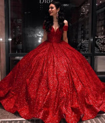 Vestido de noiva vermelho brilhante 2025 com lantejoulas e ombros à mostra Vestido de quince