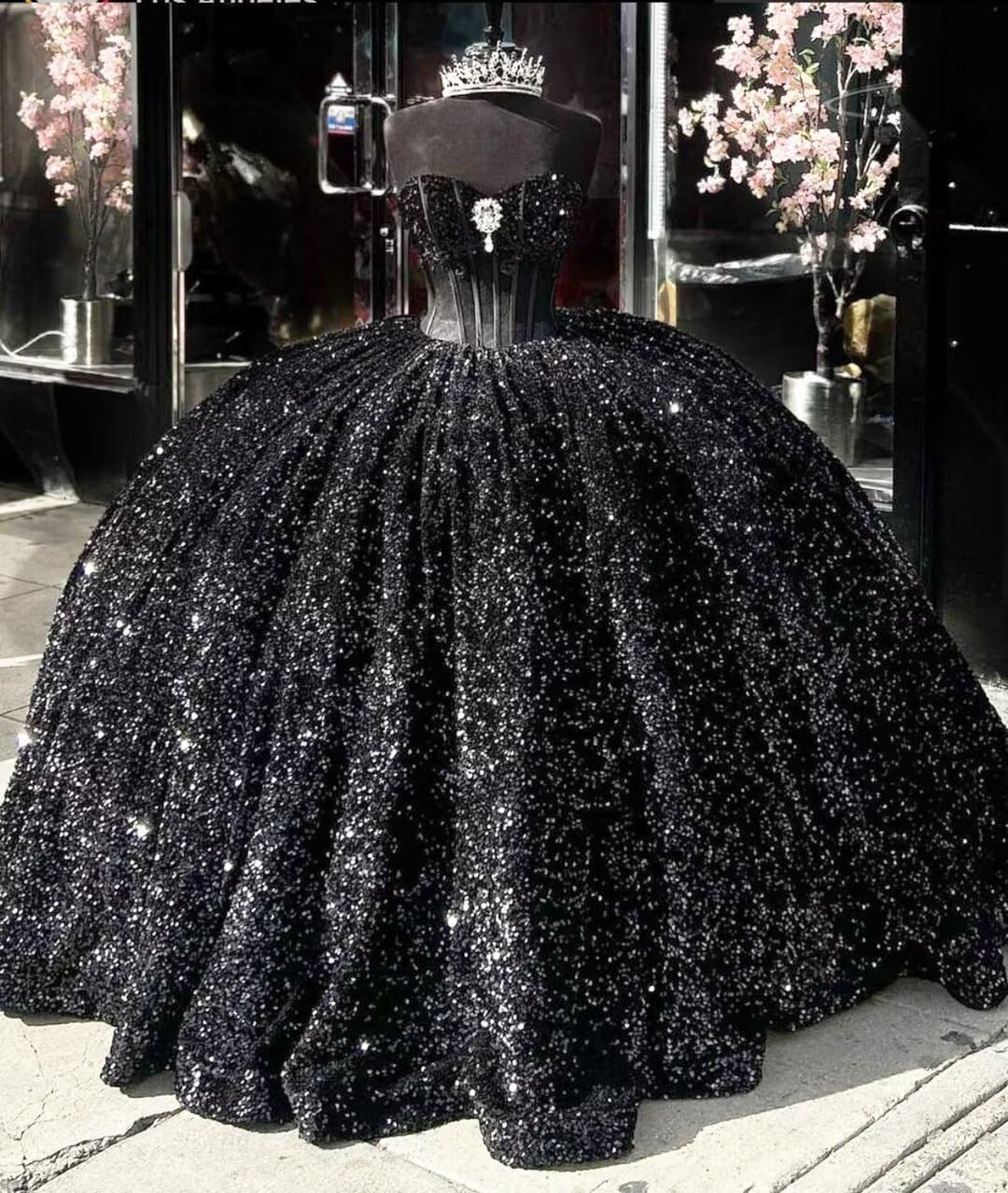 Sparkly Black Sequin Quinceanera 15 Dresses Beaded Strapless with Bow - MyChicDress