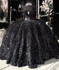Sparkly Black Sequin Quinceanera 15 Dresses Beaded Strapless with Bow