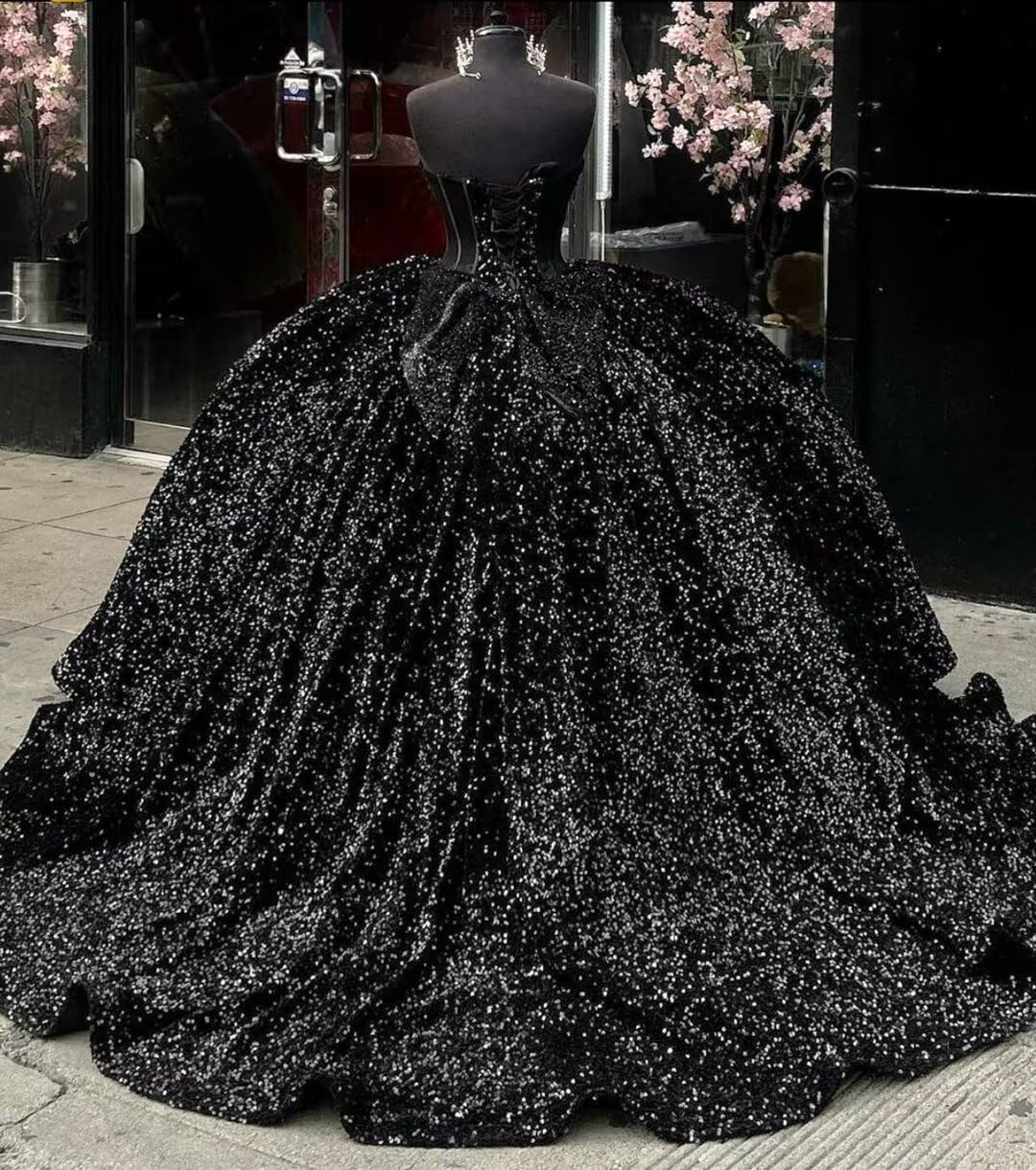 Sparkly Black Sequin Quinceanera 15 Dresses Beaded Strapless with Bow - MyChicDress