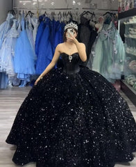 Sparkly Black Sequin Quinceanera 15 Dresses Beaded Strapless with Bow