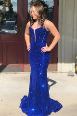 Sparkly Mermaid Royal Blue Corset Prom Dresses Sequins - MyChicDress