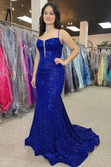 Sparkly Mermaid Royal Blue Corset Prom Dresses Sequins