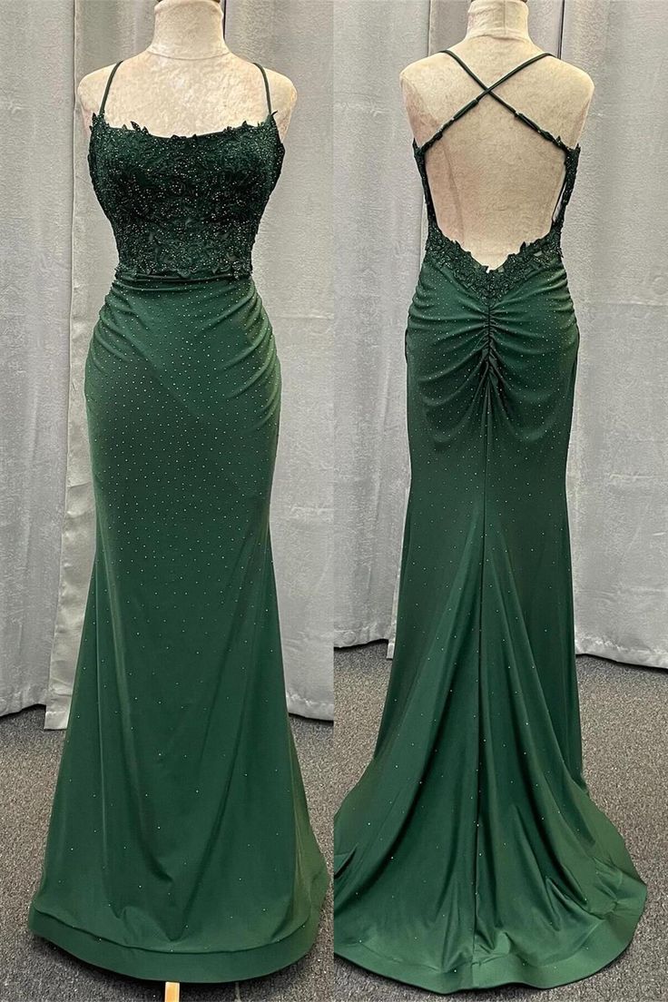 Mermaid Long Prom Dresses Hunter Green Straps Formal Dress Beaded - MyChicDress
