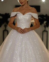 Sparkly Sequin Ball Gown Ivory Wedding Dress Off The Shoulder