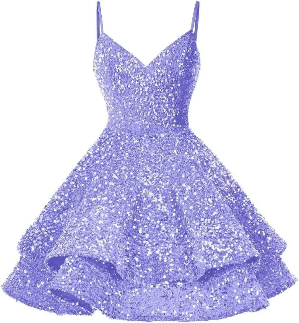 Sparkly Sequin Short V Neck lavender Homecoming Dresses for Teens - MyChicDress