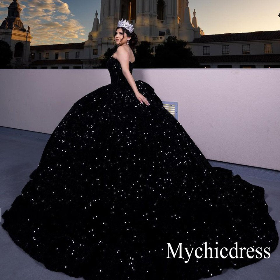 Sparkly Sequined Black Quince Dresses Ball Gown Vestidos De 15 Años