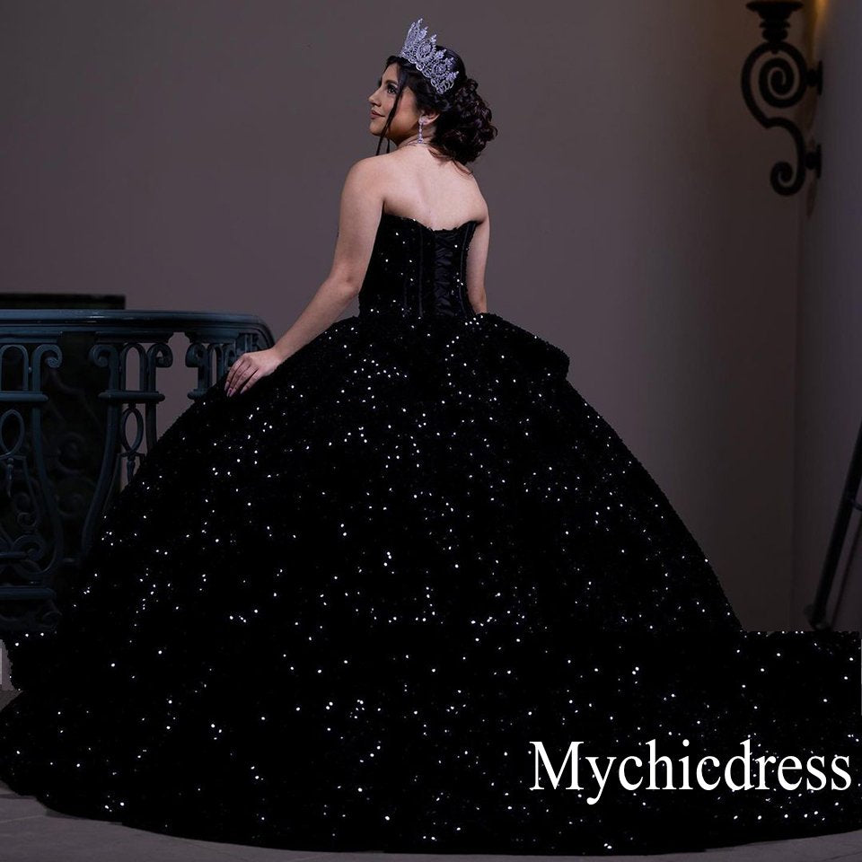 Sparkly Sequined Black Quinceanera Dresses Ball Gown Vestidos De 15 Años