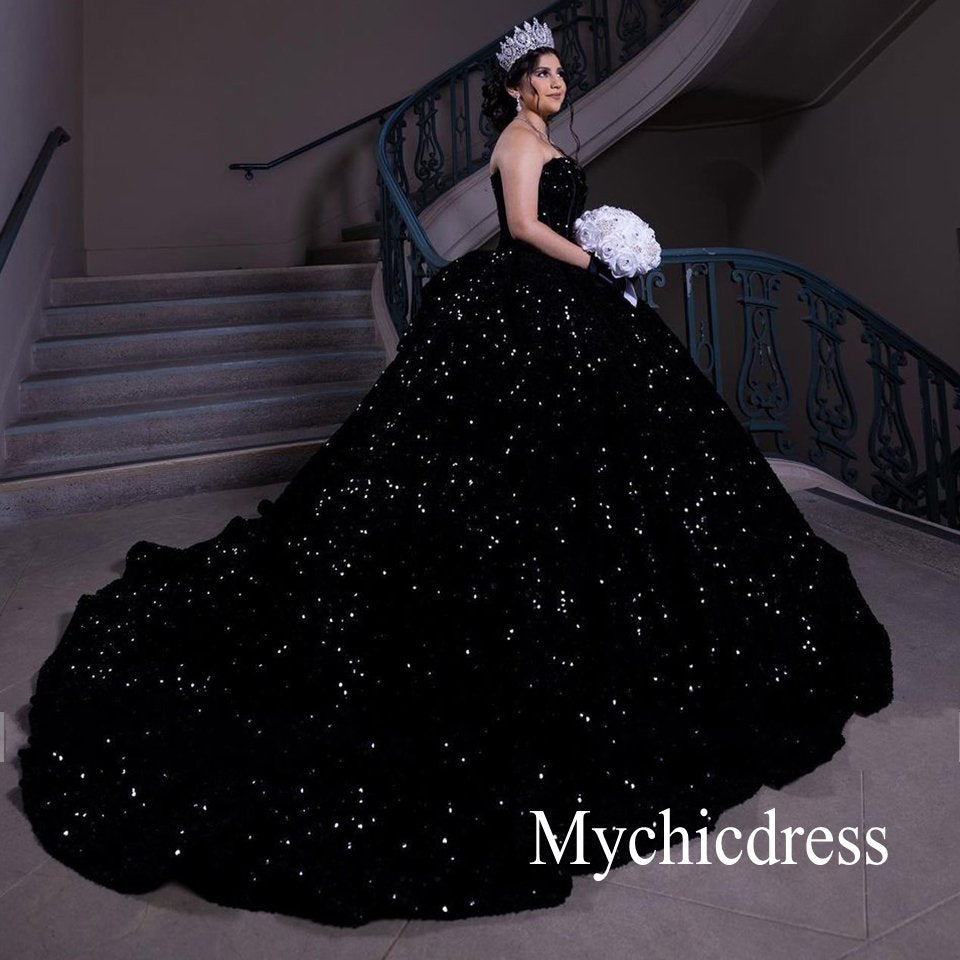 Sparkly Sequined Black Quinceanera Dresses Ball Gown Vestidos De 15 Años