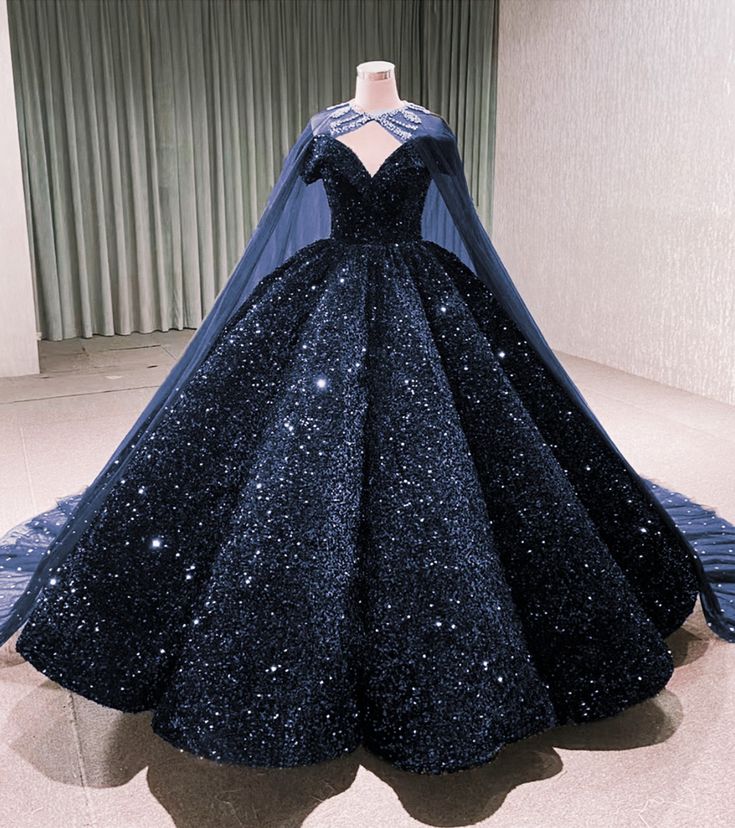Sparkly Sequin Navy blue Wedding Dress with Cape Off Shoulder Puffy Ball Gowns