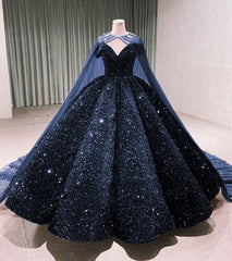 Vestido de noiva preto com lantejoulas brilhantes e capa, ombros de fora, vestidos de baile bufantes
