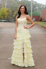 Square Neck Lace Tiered Long Prom Dress Yellow Ruffles Appliques Mychicdress