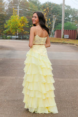 Yellow Tiered Long Prom Dress Ruffles Appliques Mychicdress