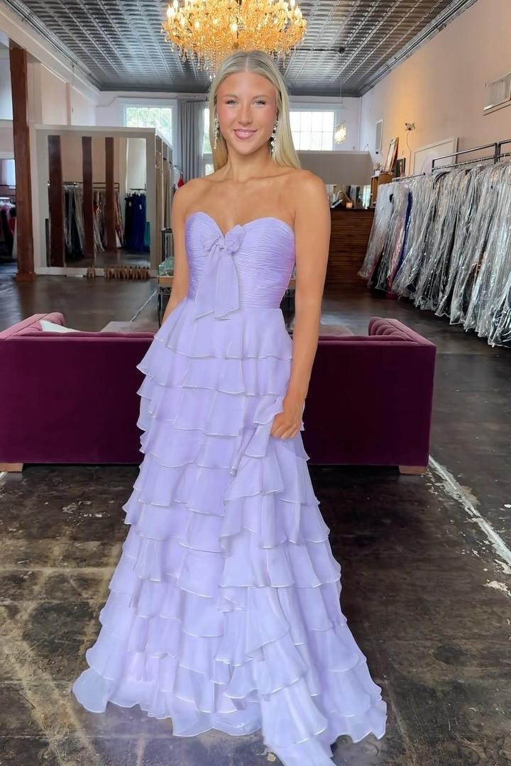 Strapless Chiffon 2025 Tiered Ruffle Prom Dress Pink Keyhole