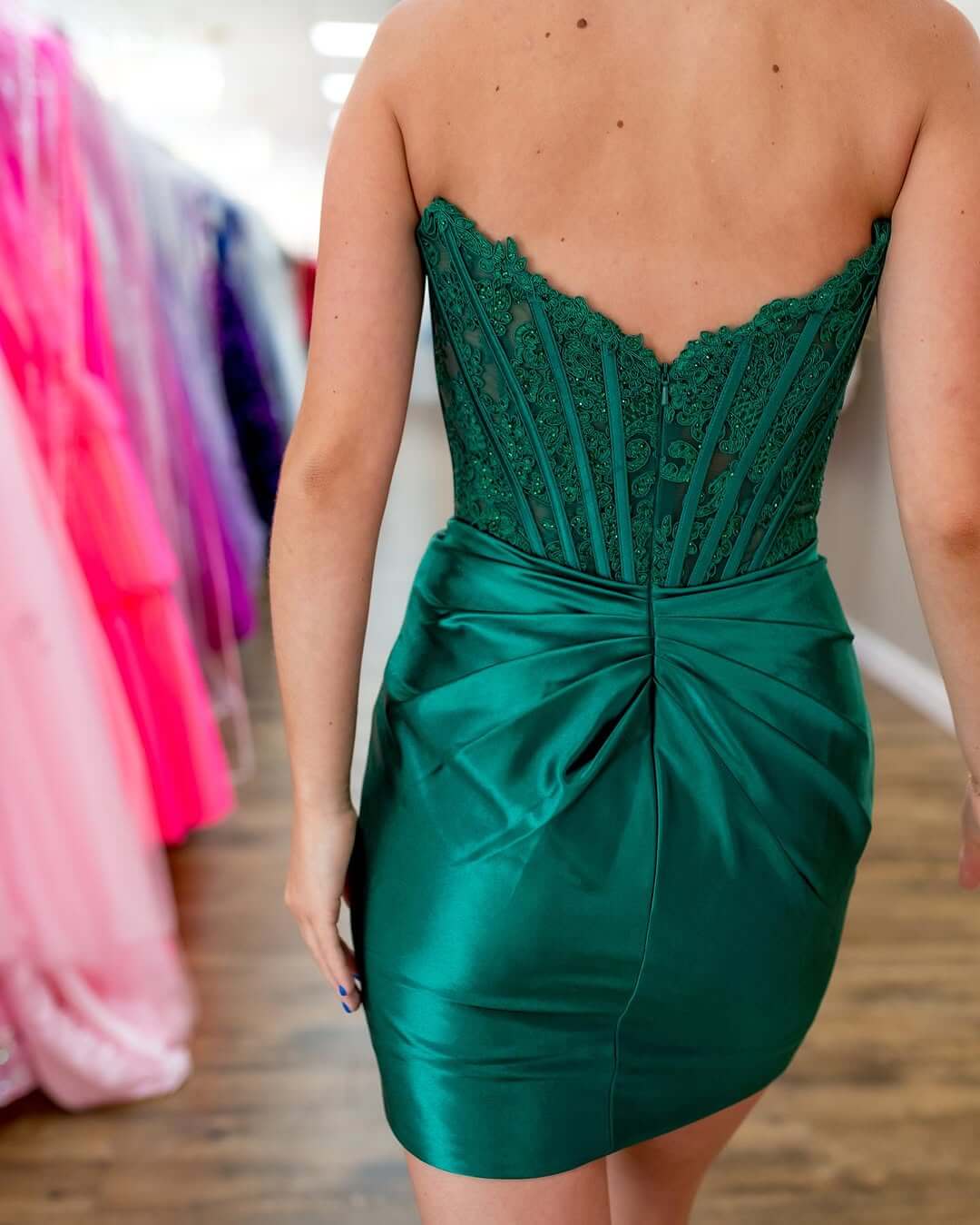 Strapless Lace Fitted Homecoming Dress Bateau Appliques Empire