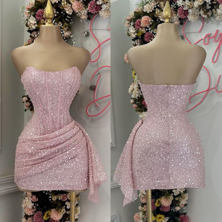 Strapless Pink Sequin Homecoming Dress Corset