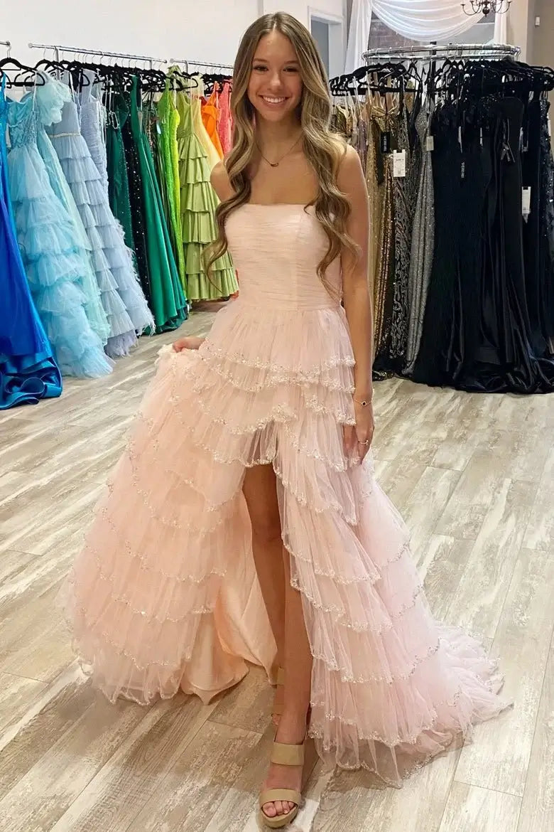 Pink Strapless Prom Dress Layered Sequin Tulle with Ruffles