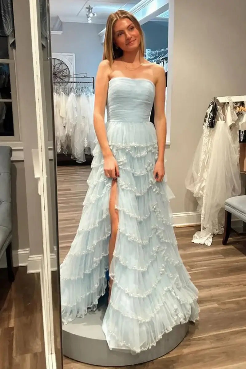 light blue Strapless Prom Dress Layered Sequin Tulle with Ruffles