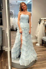 light blue Strapless Prom Dress Layered Sequin Tulle with Ruffles